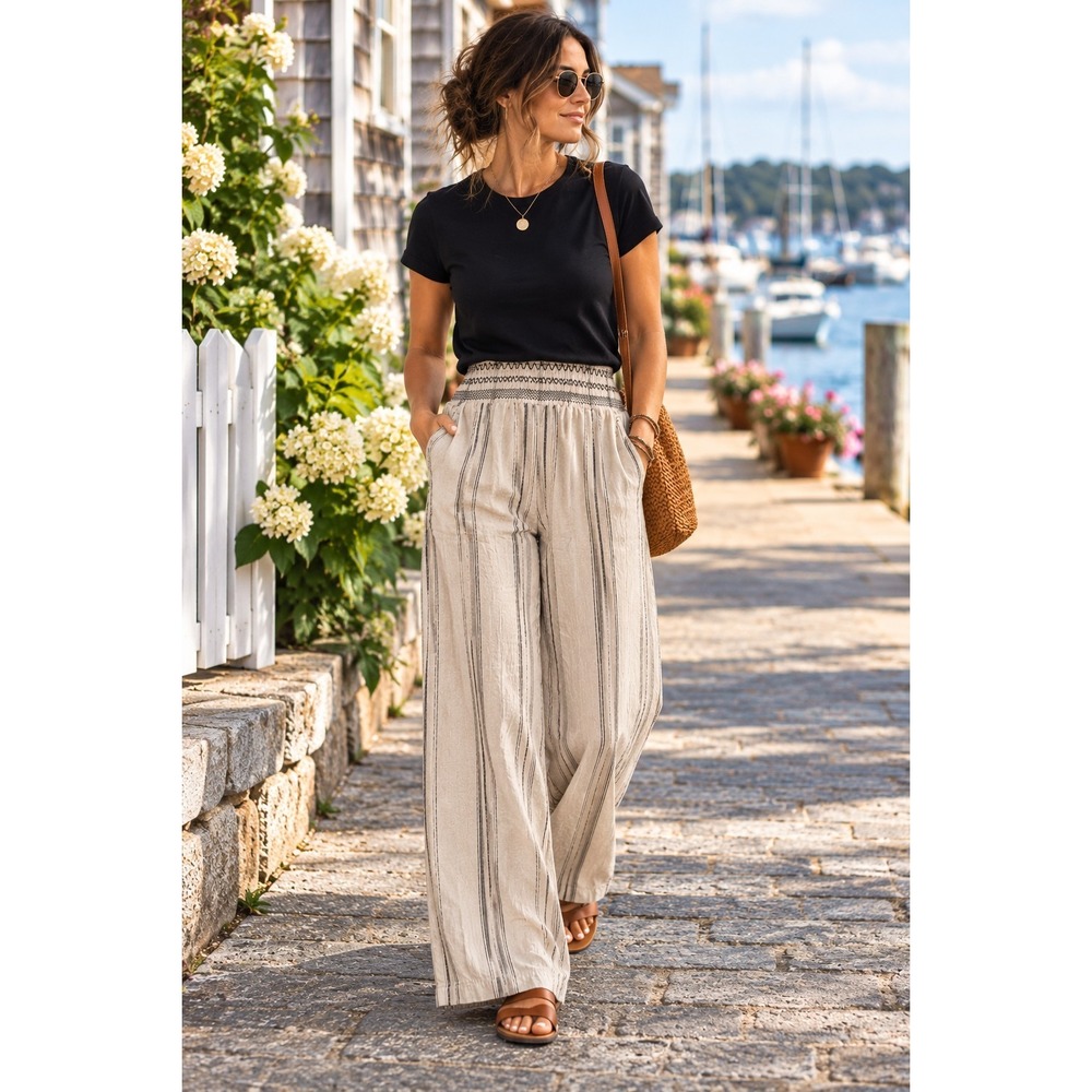 Maurices Linen Blend Pants M Striped Wide Leg Smocked Waist Boho Coastal